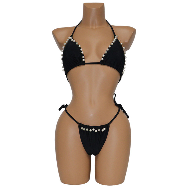 Black Two Pieces Triangle Bikini with Pearls Factory