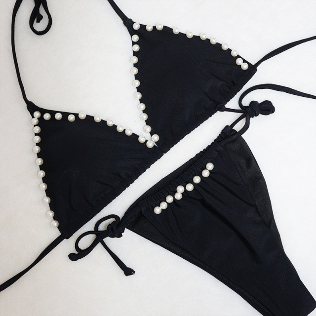 Black Two Pieces Triangle Bikini with Pearls Factory