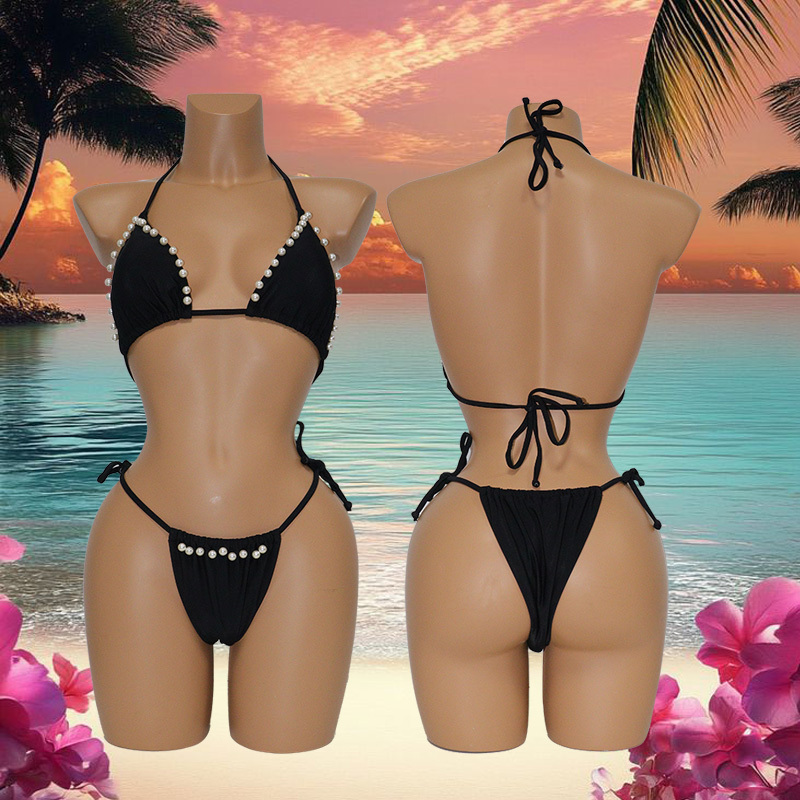 Black Two Pieces Triangle Bikini with Pearls Factory