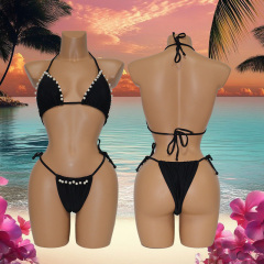 Black Two Pieces Triangle Bikini with Pearls Factory