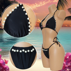 Black Two Pieces Triangle Bikini with Pearls Factory