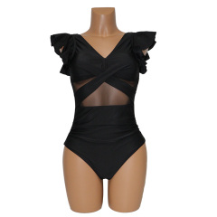 Black Sheer Mesh Ruffles Hem Swimming Clothes for Women Supplier