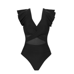 Black Sheer Mesh Ruffles Hem Swimming Clothes for Women Supplier
