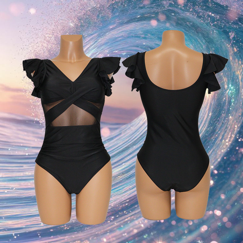 Black Sheer Mesh Ruffles Hem Swimming Clothes for Women Supplier
