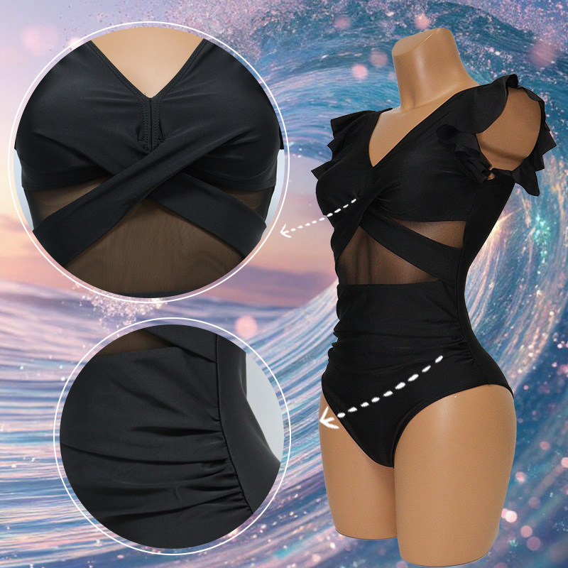 Black Sheer Mesh Ruffles Hem Swimming Clothes for Women Supplier