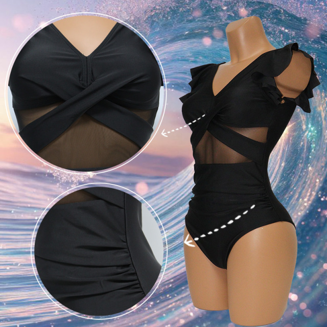 Black Sheer Mesh Ruffles Hem Swimming Clothes for Women Supplier