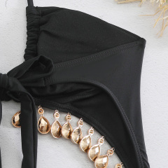 Black Jeweled Tassel Decor One Piece Swimsuit Wholesale