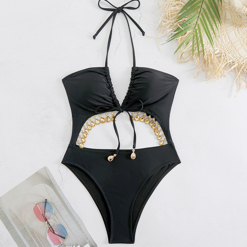 Black Jeweled Tassel Decor One Piece Swimsuit Wholesale