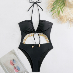Black Jeweled Tassel Decor One Piece Swimsuit Wholesale