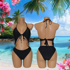 Black Jeweled Tassel Decor One Piece Swimsuit Wholesale