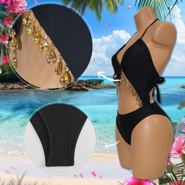 Black Jeweled Tassel Decor One Piece Swimsuit Wholesale