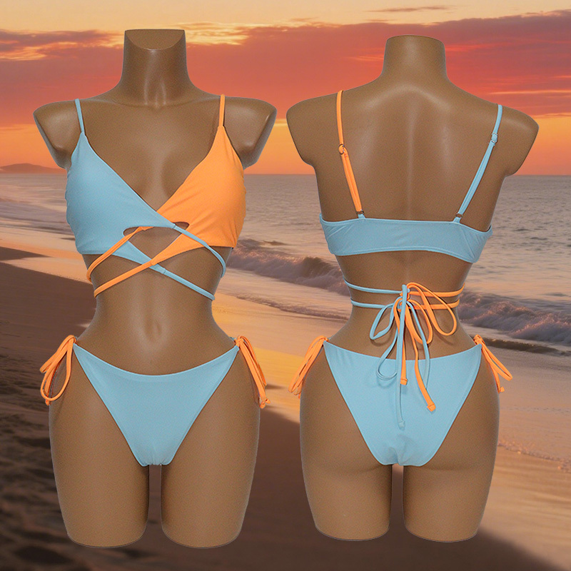 Girls Color Matching Bandage Bikini Swimming Costume Custom