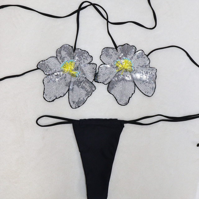 Black Sequin Flower Shaped Bikini Beachwear Set Factory