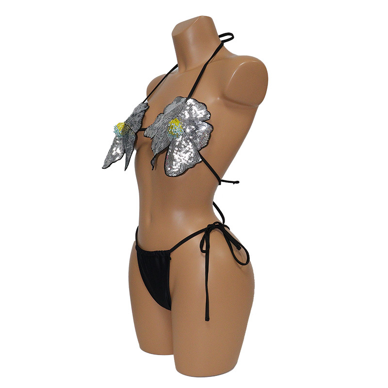 Black Sequin Flower Shaped Bikini Beachwear Set Factory