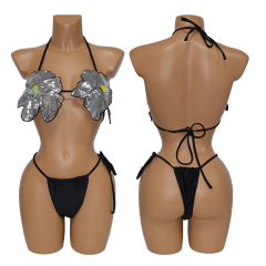 Black Sequin Flower Shaped Bikini Beachwear Set Factory