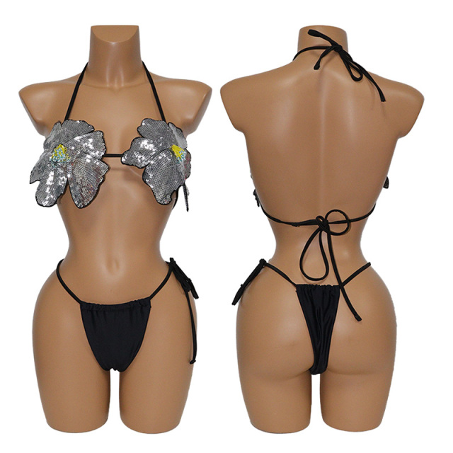 Black Sequin Flower Shaped Bikini Beachwear Set Factory