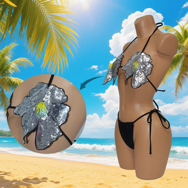 Black Sequin Flower Shaped Bikini Beachwear Set Factory