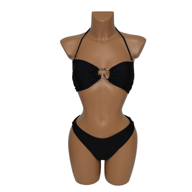 Black Halter Neck Beachwear with Alloy Buckles for Women Manufacturer
