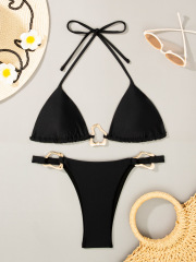 Solid Color Triangle Swimwear with Gold Buckle for Beachwear Custom