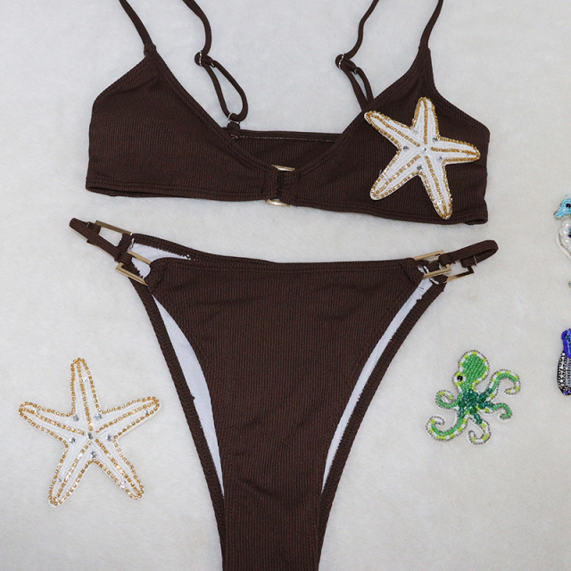 Elegant Brown Bathing Suit with Rectangle Button Wholesale