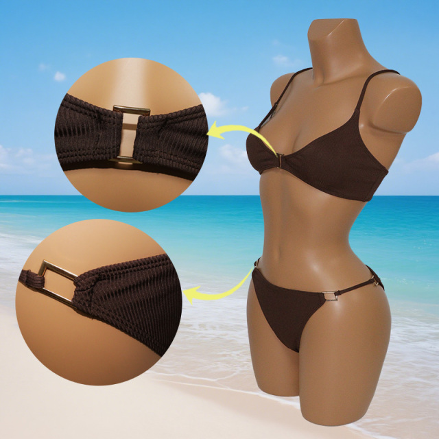 Elegant Brown Bathing Suit with Rectangle Button Wholesale