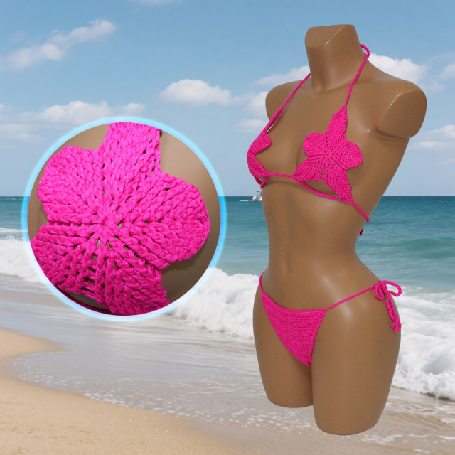 Rose Red Crochet Flower Bikini Set Supplier