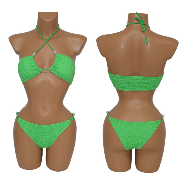 Green Beaded Halter Neck Swimming Beach Wear for Ladies Manufacturer