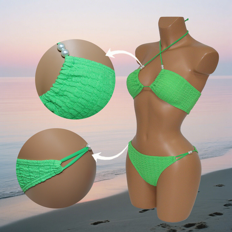 Green Beaded Halter Neck Swimming Beach Wear for Ladies Manufacturer