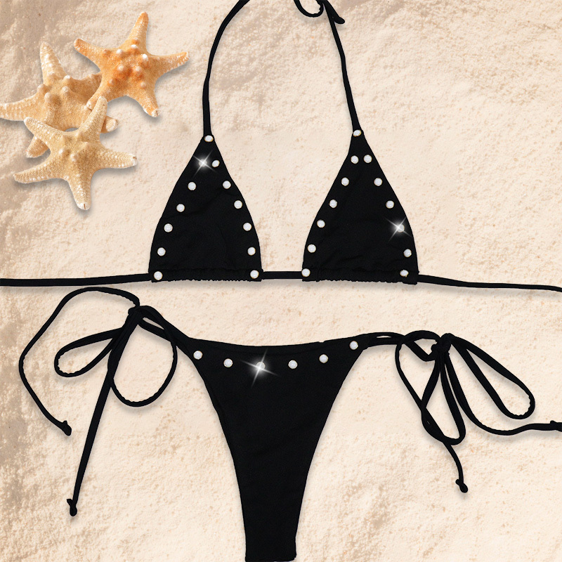 Black Pearl Studs Beaded Pole Dance Clothing Sets Wholesale