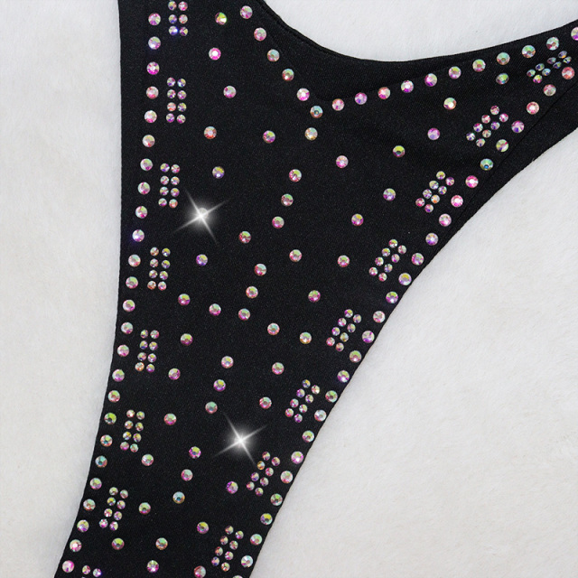 Sexy Black Diamante Pole Dance Show Outfits Bikini Sets Factory