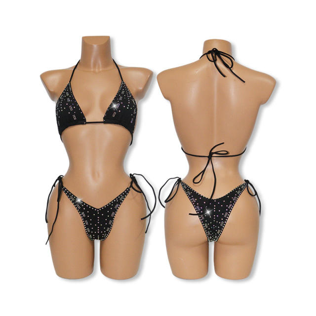 Sexy Black Diamante Pole Dance Show Outfits Bikini Sets Factory