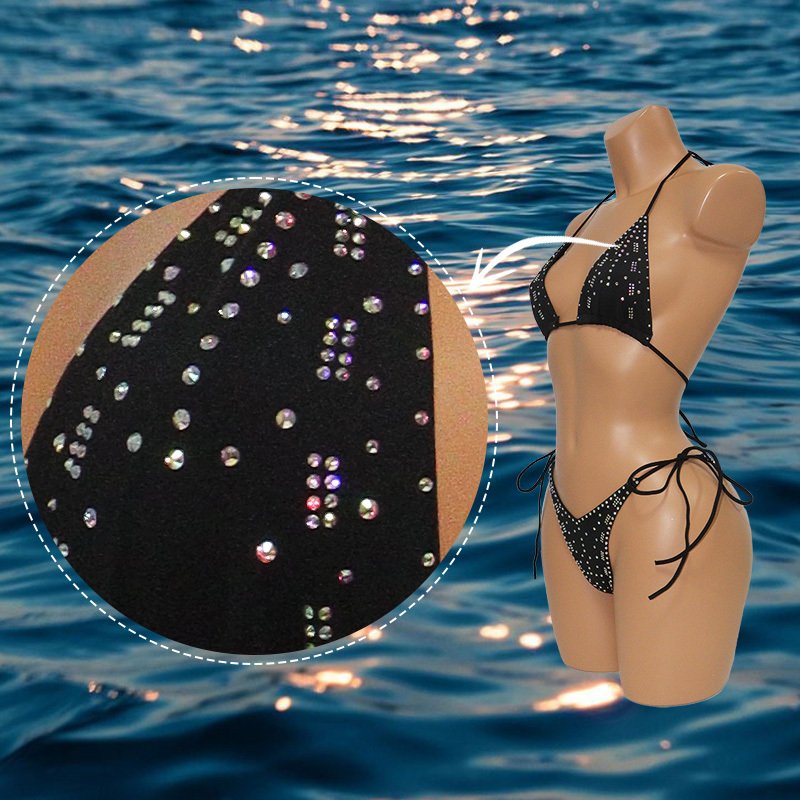 Sexy Black Diamante Pole Dance Show Outfits Bikini Sets Factory