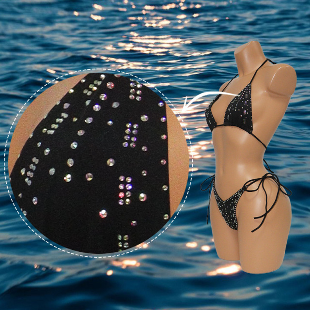 Sexy Black Diamante Pole Dance Show Outfits Bikini Sets Factory