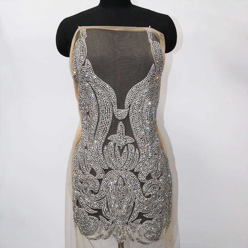 Glitter Large Rhinestone Bodice Applique for Prom Party Dress Factory