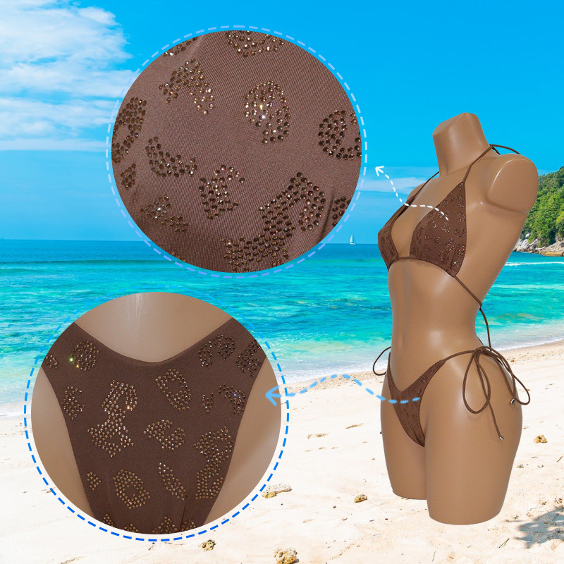 Brown Leopard Print Diamond Stripper Outfits Bathing Suit for Women Exporter