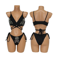 Black Skull Print Crystal Pole Dance Clothing Sets Custom