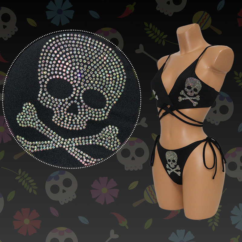 Black Skull Print Crystal Pole Dance Clothing Sets Custom