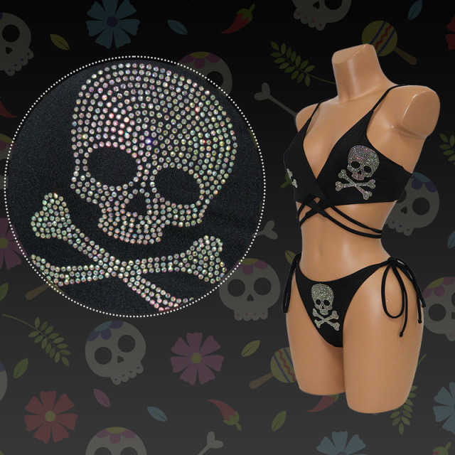 Black Skull Print Crystal Pole Dance Clothing Sets Custom