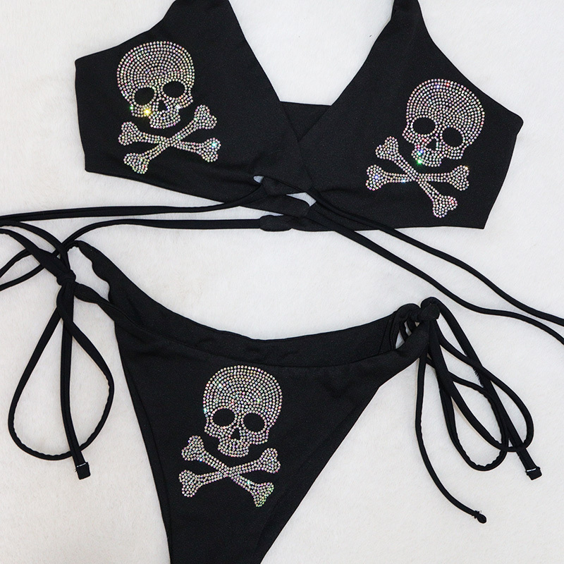Black Skull Print Crystal Pole Dance Clothing Sets Custom