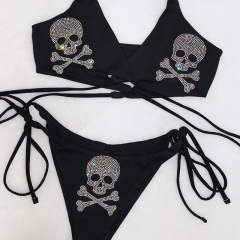 Black Skull Print Crystal Pole Dance Clothing Sets Custom