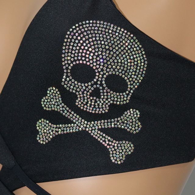 Black Skull Print Crystal Pole Dance Clothing Sets Custom