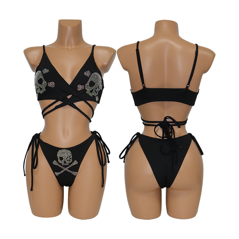 Shiny Skeleton Printed Rhinestone 2 Piece Bikini Stripper Outfit Factory