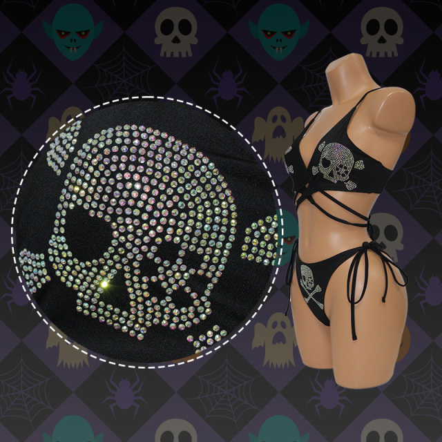 Shiny Skeleton Printed Rhinestone 2 Piece Bikini Stripper Outfit Factory