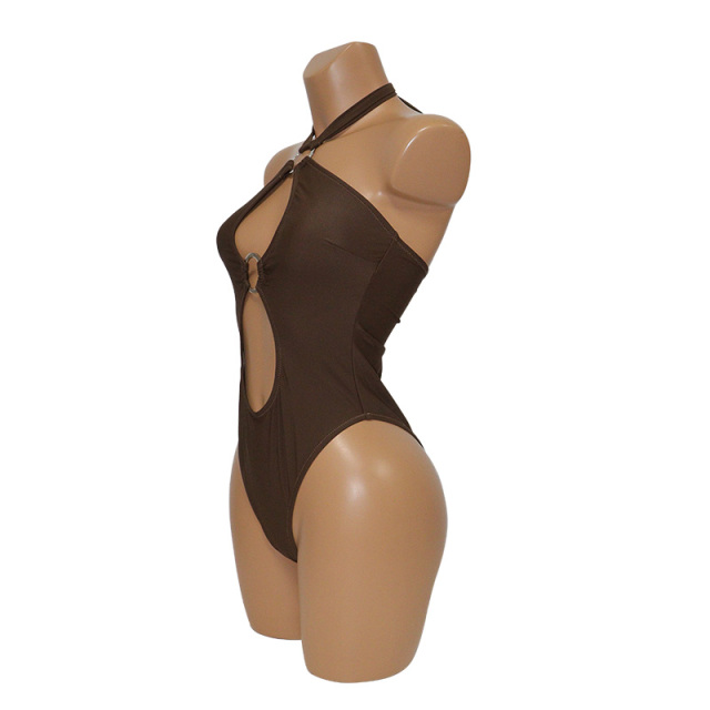 Brown Sexy Halter Neck Cut Out Swimsuit Factory