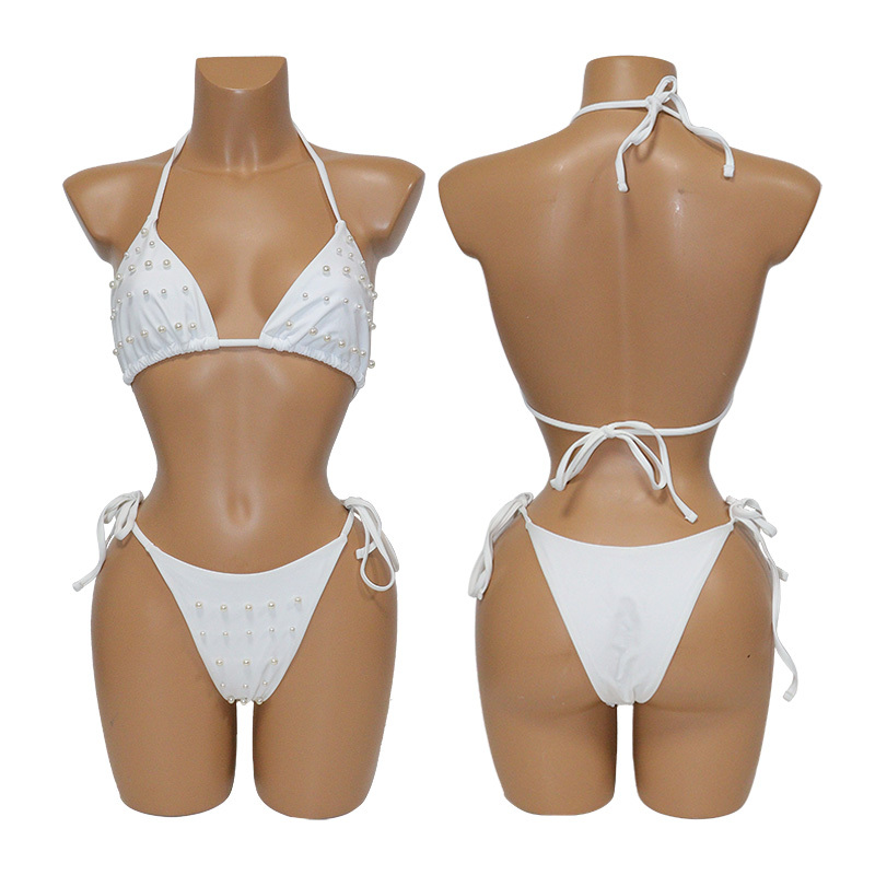 White Pearl Beaded String Bathing Suit Custom