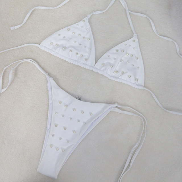 White Pearl Beaded String Bathing Suit Custom
