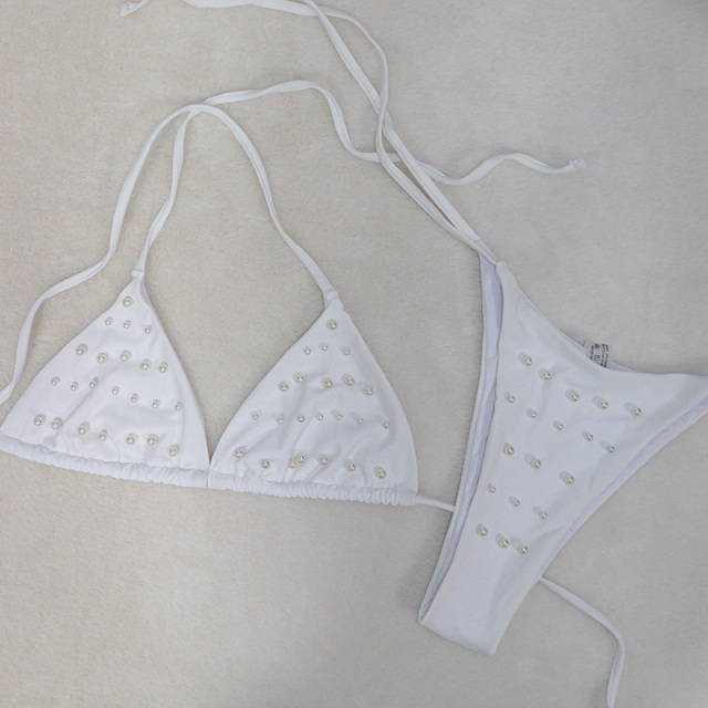 White Pearl Beaded String Bathing Suit Custom
