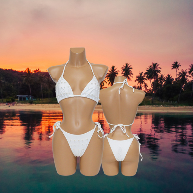 White Pearl Beaded String Bathing Suit Custom