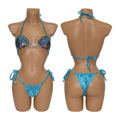 Blue Mermaid Sequin Shell Shaped Bikini Top Satin Bathing Suit Supplier