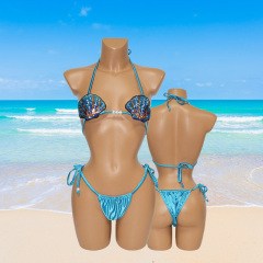 Blue Mermaid Sequin Shell Shaped Bikini Top Satin Bathing Suit Supplier